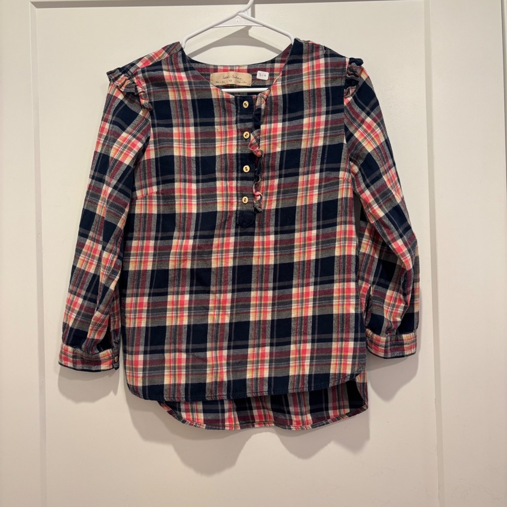 Isabella Sinclair Plaid Flannel Blouse Navy Red‎ Ruffle Shoulder Top XS